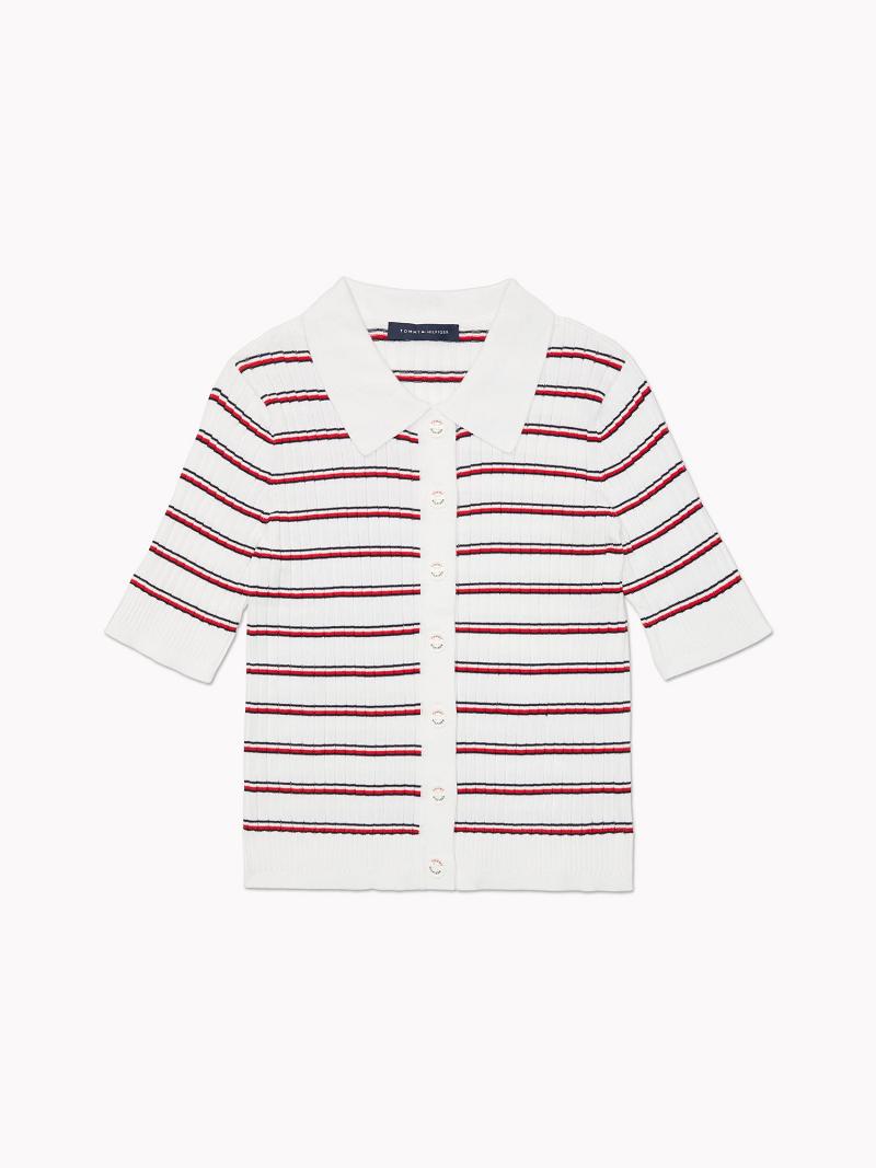 Női Tommy Hilfiger Stripe Knit Cardigan Polos Fehér Piros | HU 275BEX